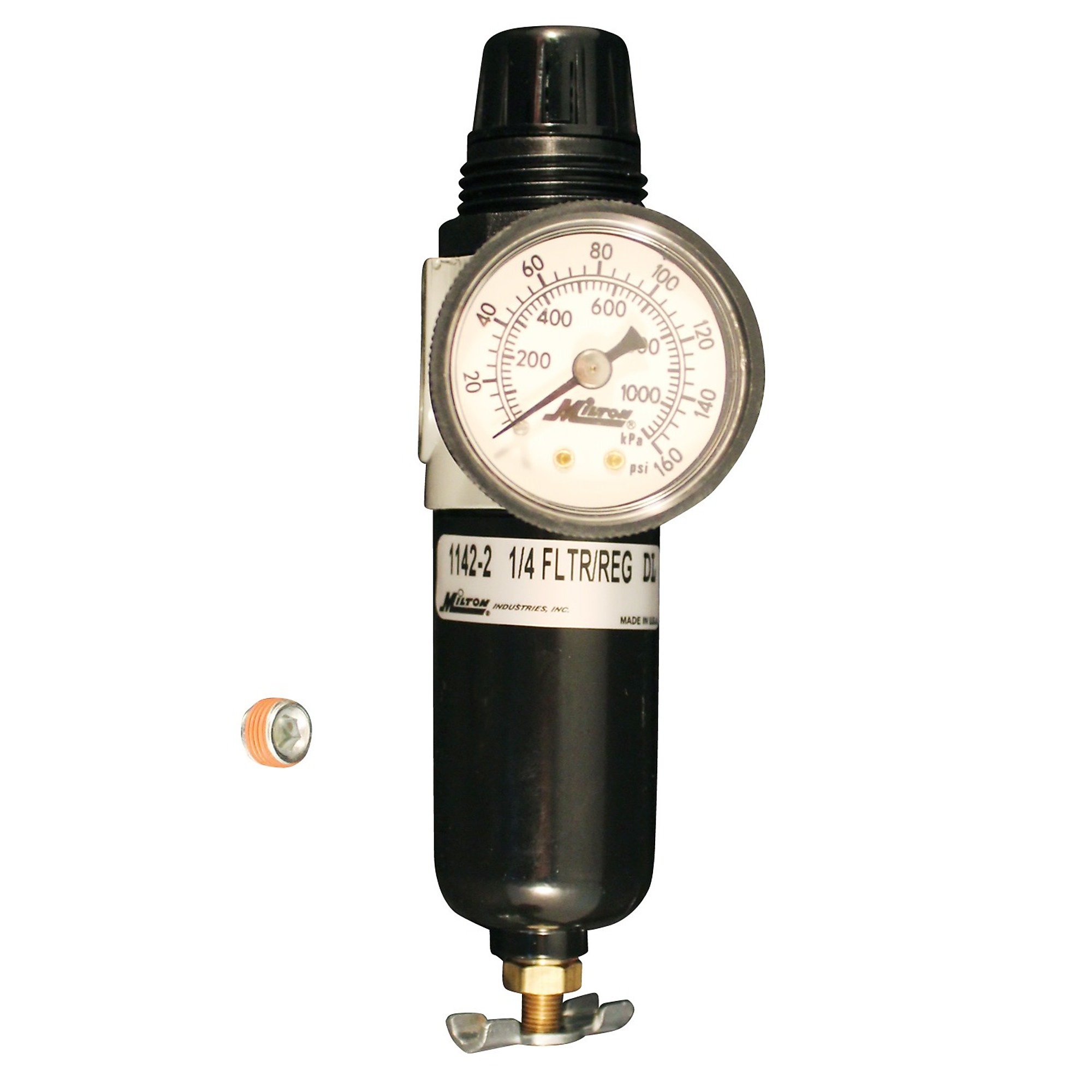 Milton, Mini Filter-Regulator Piggyback w/ Poly Bowl, Max. PSI 160 PSI, Model# 1142-1